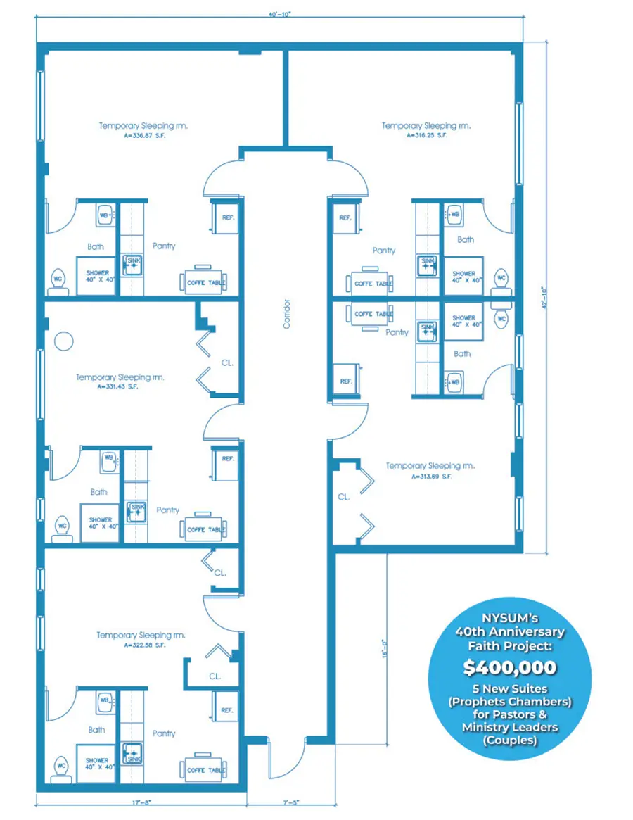 Blueprint floor plan of a multi-unit building showing temporary sleeping rooms, baths, pantries, closets, and a central corridor.